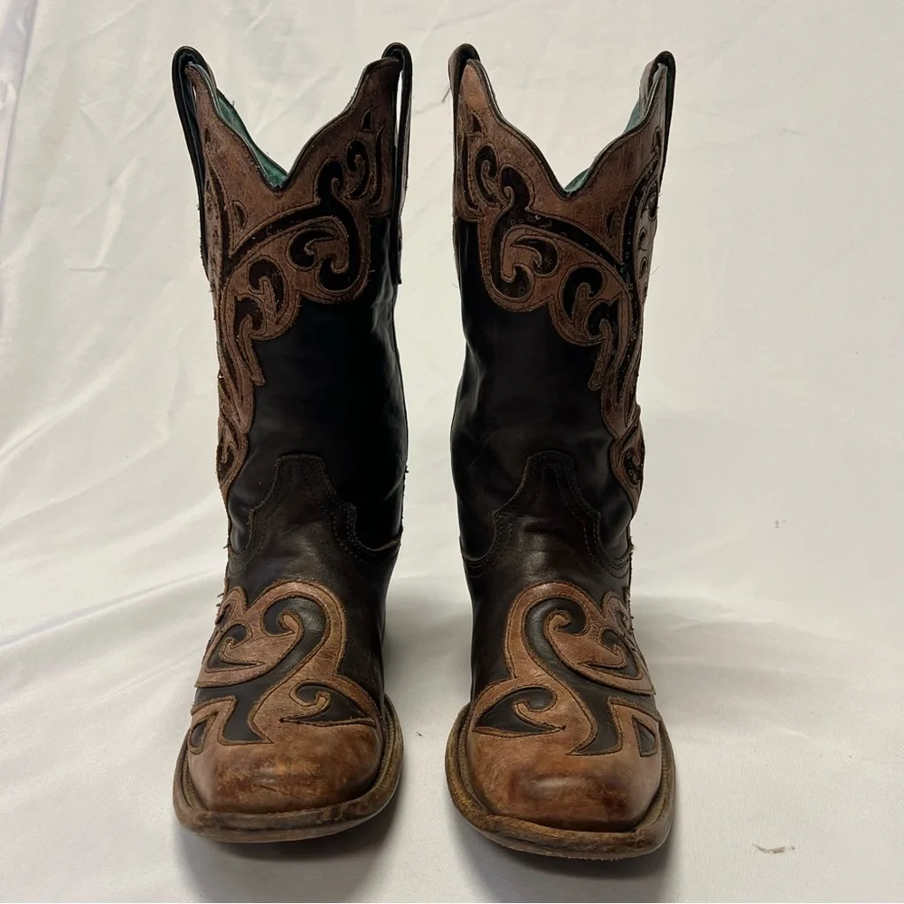 Corral Women’s Leather Two Tone Inlay Brown Square Toe Cowboy Boots Size 9.5 - Picture 4 of 9